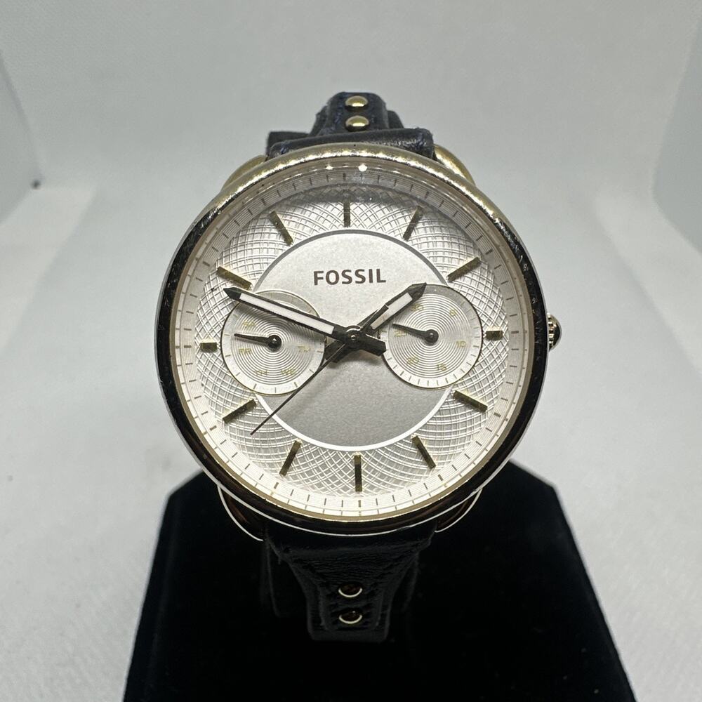 Fossil ES4051 Tailor Women's Watch Black Leather Band Silver Dial Analog Quartz